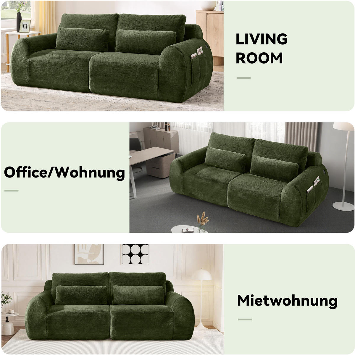 2-SITZER SOFA Kaninchenstil-Kunstfell Grün mit USB und Magazintasche - Grün, Textil (208/81/101cm) - WISHDOR