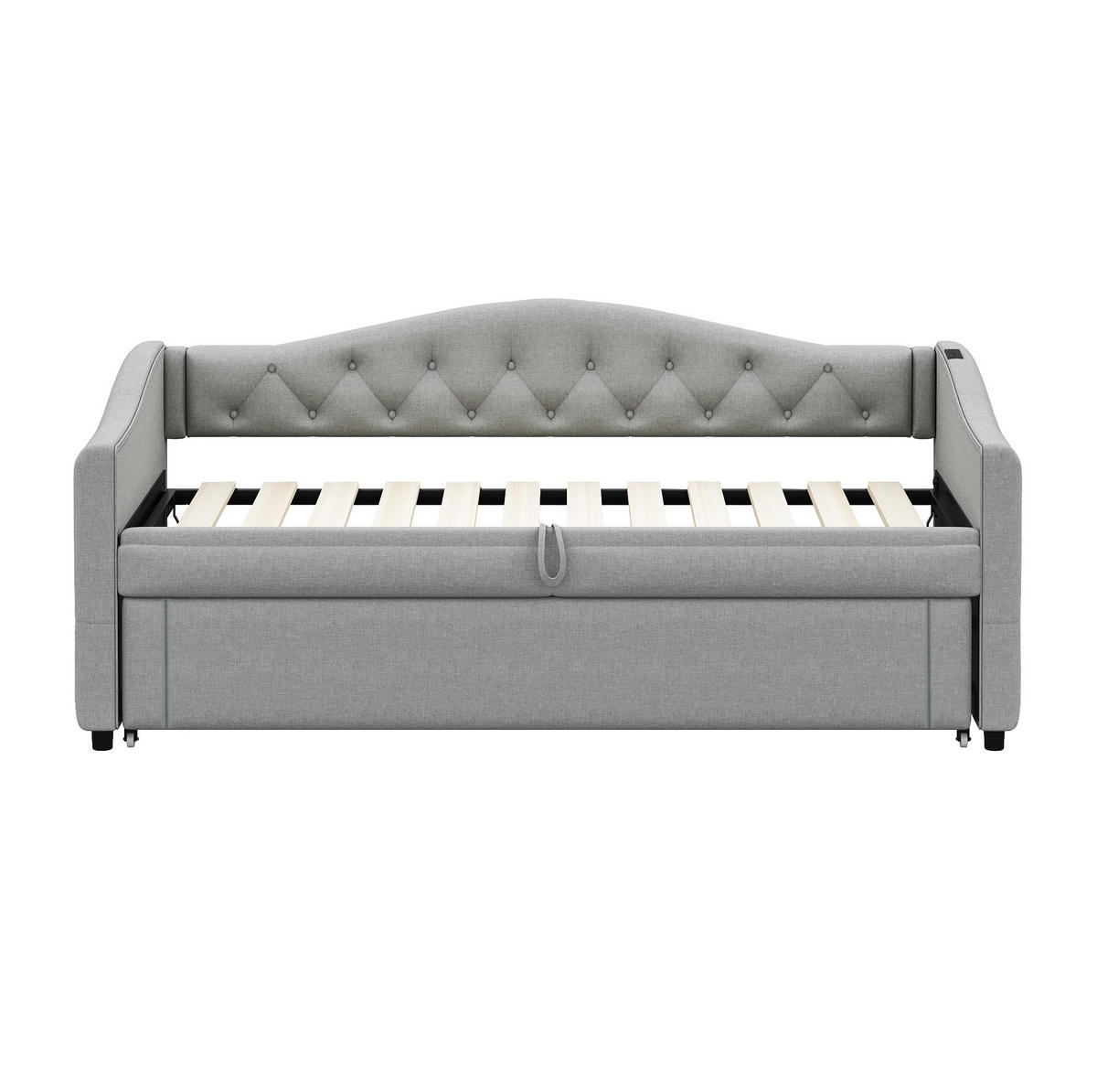 POLSTERBETT aus Leinen 90x200 cm Grau mit USB-Anschluss, ausziehbarer Funktion und Lattenrost - Grau, Textil (90/200cm) - Modfu