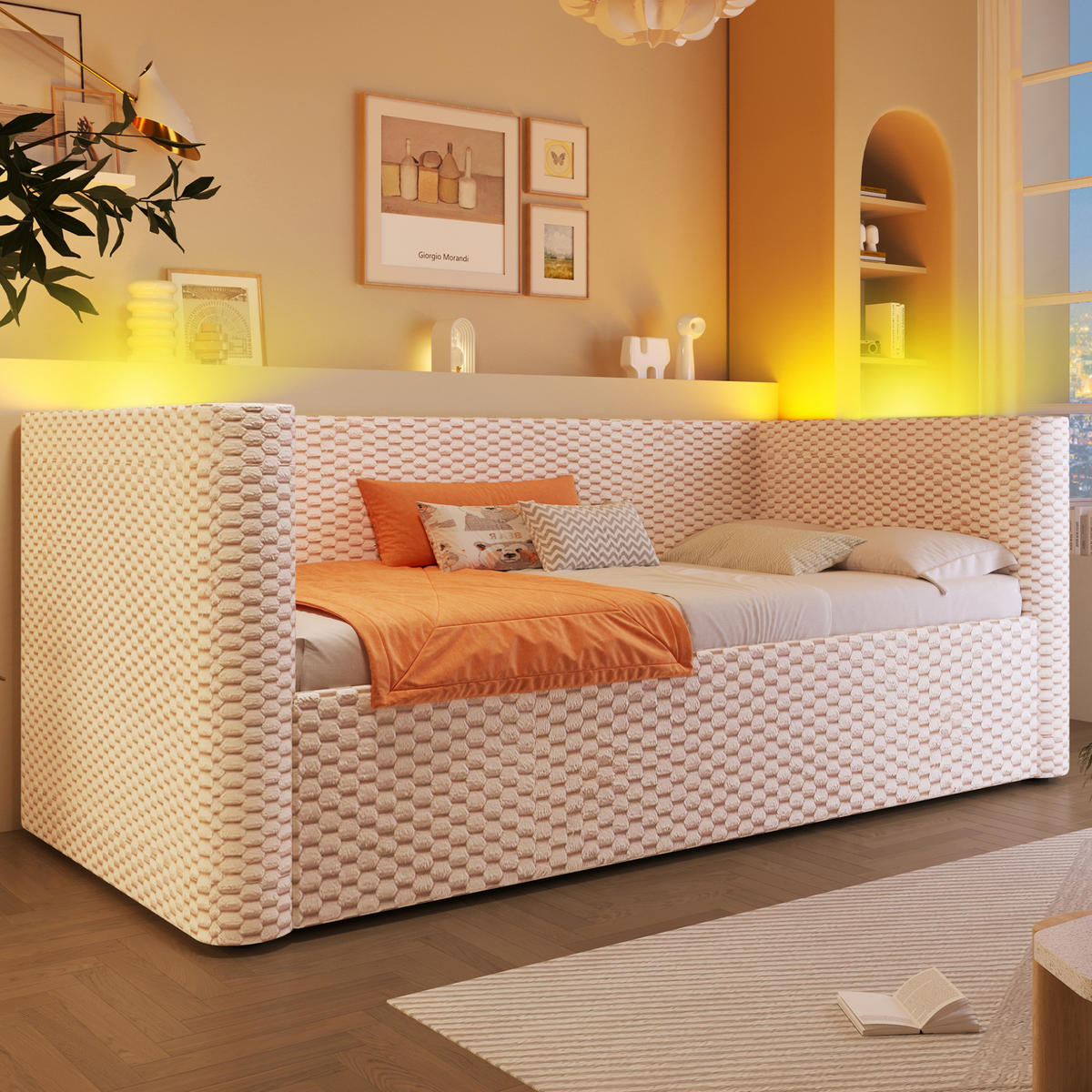 POLSTERBETT 90/200 cm mit LED-Beleuchtung, hydraulischem Stauraum und Lattenrost aus Samt, Beige - Beige, Textil (90/200cm) - Redom