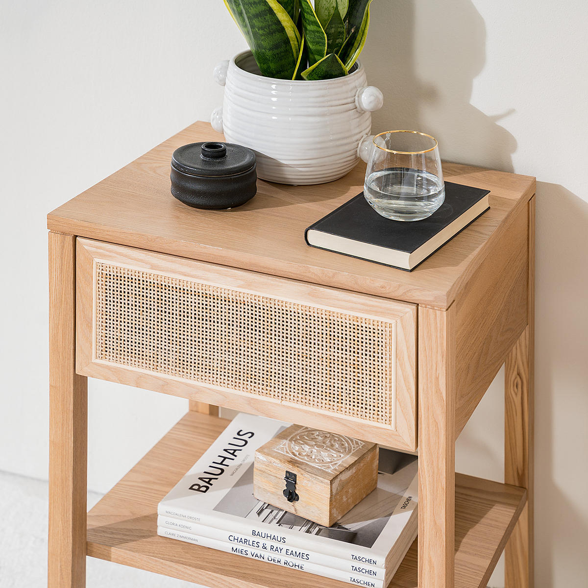 NACHTTISCH - Rattan / Eiche teilmassiv - Beige, Naturmaterialien (45/60/35cm) - home24