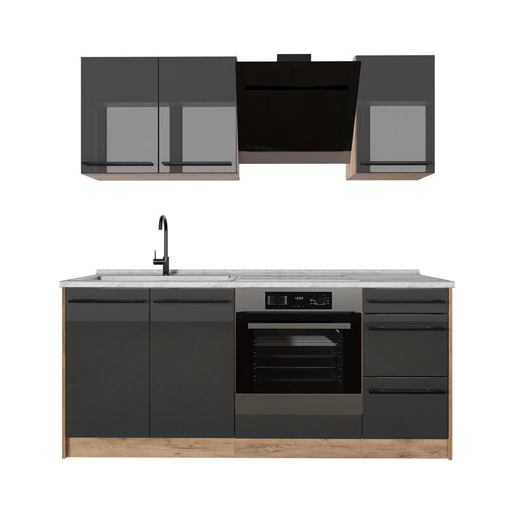 Vicco Singleküche Schwarz Hochglanz, Honigeiche 180x206.8x60 cm