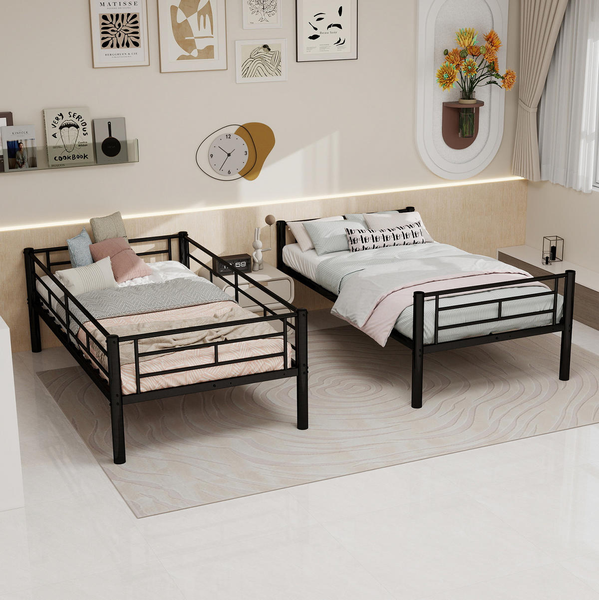 ETAGENBETT 90/190 cm schwarz aus Eisen teilbar mit Leiter - Schwarz, Metall (90/190cm) - OKWISH