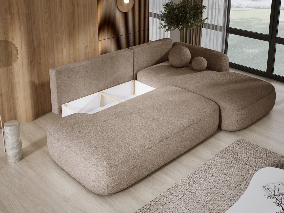 ECKSOFA BABU mit Schlaffunktion, Moderne Polsterecke für Wohnzimmer, funktionales Schlafsofa im Stoff NOW OR NEVER, 300x105x60cm rechte, Beige​ - Cappuccino, Holz/Textil (300/190cm) - DomoHome