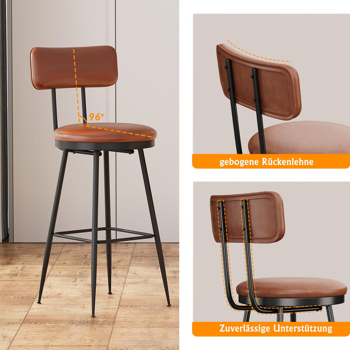 BARHOCKER 4er-Set mit Rückenlehne, Braun - Braun, Metall (34/85.5/34cm)