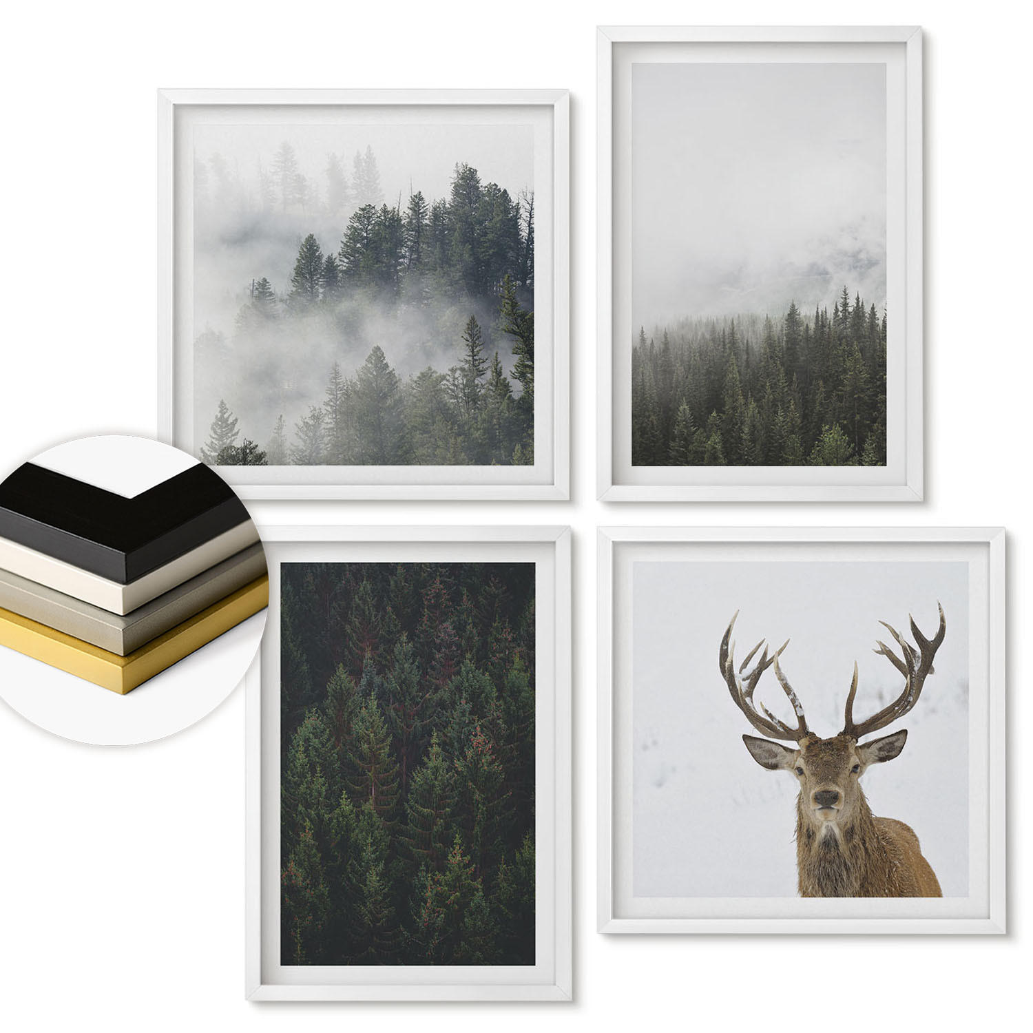 WANDBILDER 4er-Set - 50x50 cm & 40x60 cm Weißer Rahmen - Grüne Wälder, neblige Landschaft - Weiß, Kunststoff (50/50cm) - ArtPrintCave