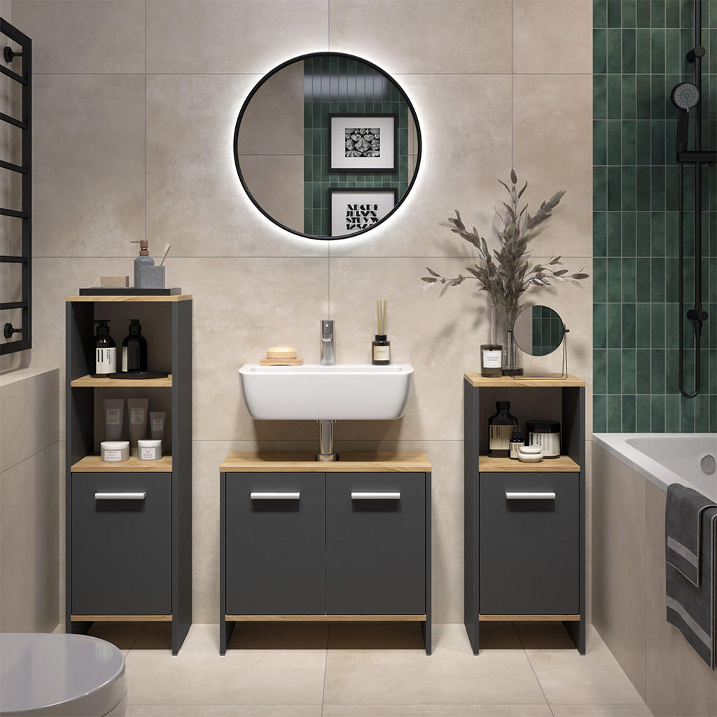 Thumbnail - Vicco Badmöbel-Set, Anthrazit, Honigeiche, Holzwerkstoff, nicht einzeln stellbar, 131.4x108.2x26.3 cm, Badezimmer, Badmö...