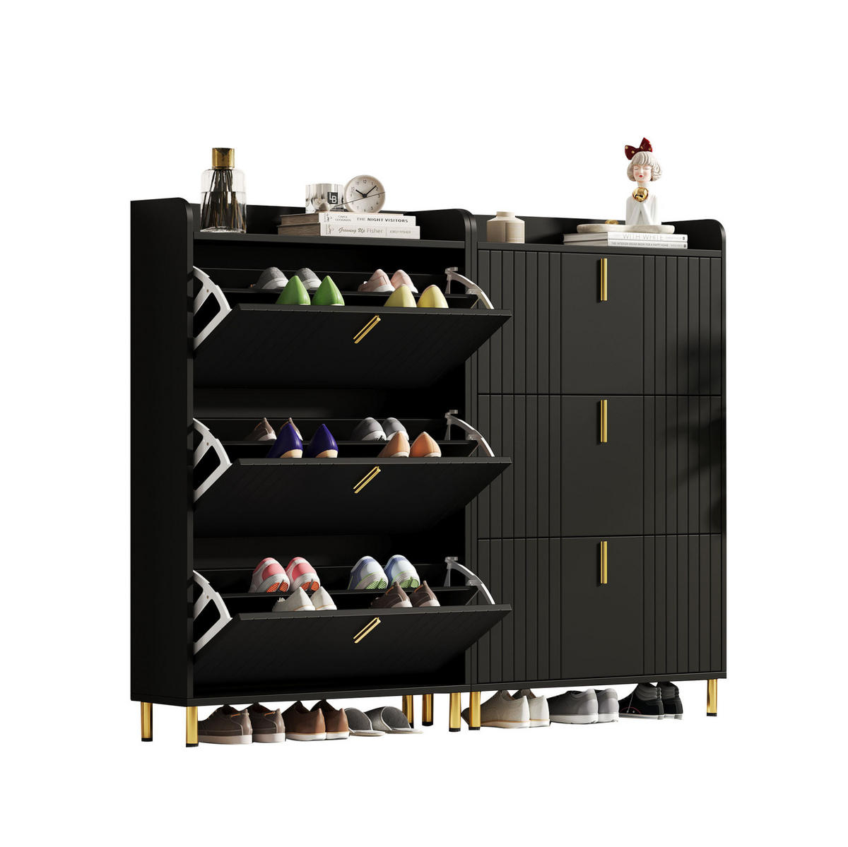 SCHUHSCHRANK aus MDF 160x23x123,5cm in Schwarz mit Metallsockel - Schwarz, Holzwerkstoff (160/123.5/23.5cm) - Modfu