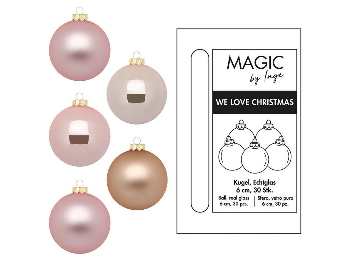 LAALU CHRISTBAUMKUGEL-SET 30 Ornamenten: runder rosa-cremefarbener Mix 6 cm - Creme/Rosa, Glas (0.01/1/0.01cm) - LAALU