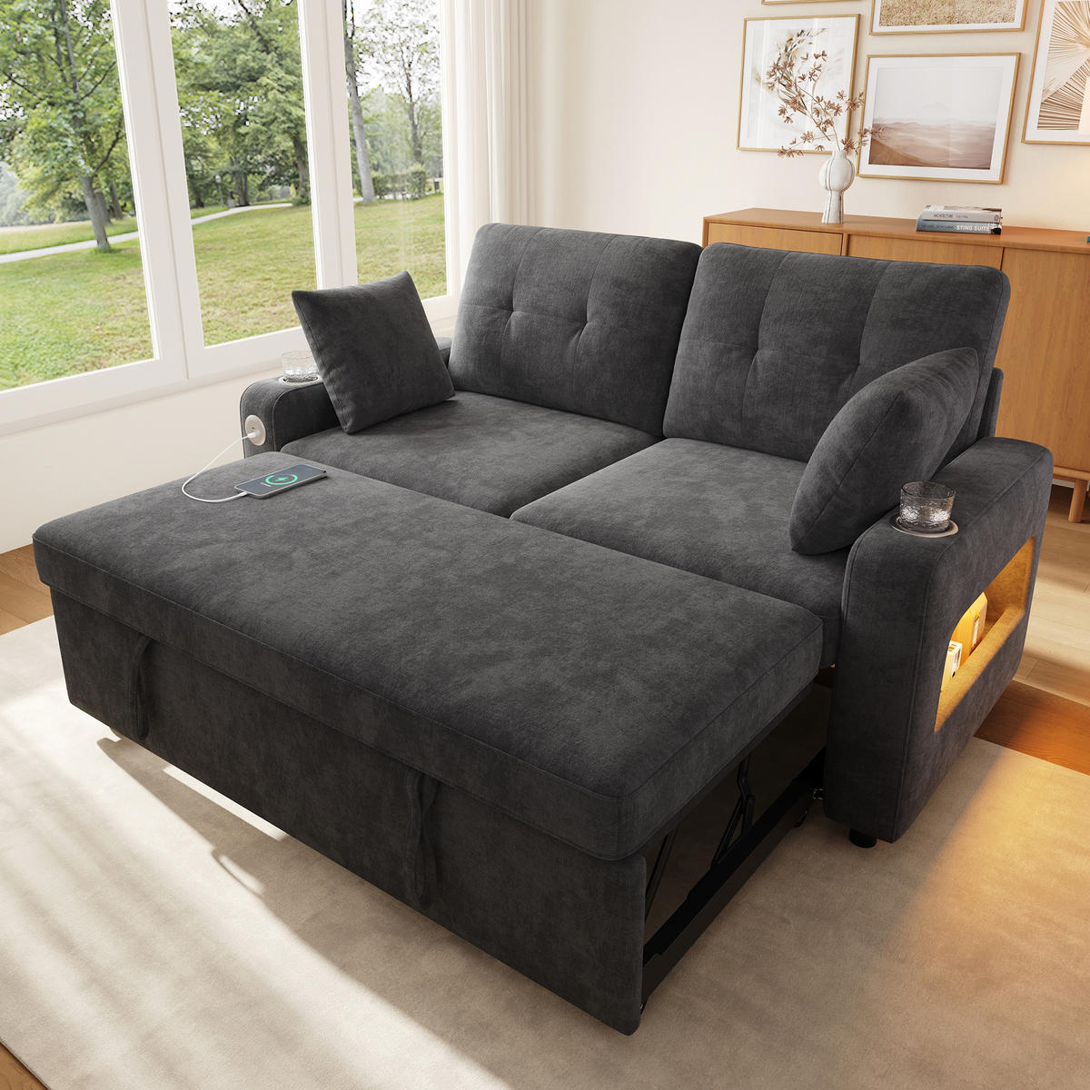 SOFA NA RAZVLAČENJE 2-sjedalo u sivoj boji s funkcijom razvlačenja, chenille - siva/crna, drvni materijal/tekstil (141.5/83.5/131cm) - CHICFURN