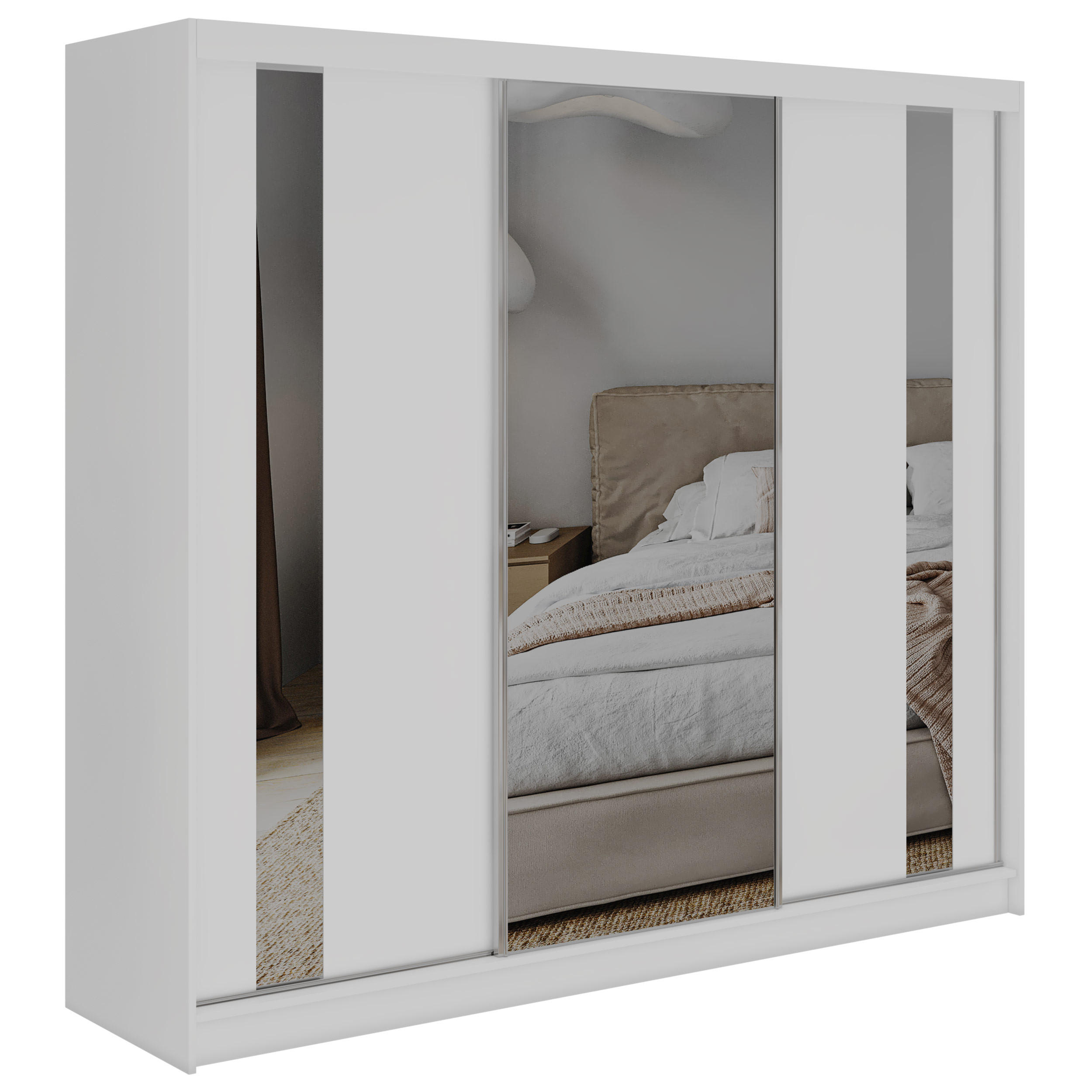 SCHWEBETÜRENSCHRANK mit Schubladen 240 - GRECJA - Weiß mit Spiegel - Alufarben/Weiß, Holzwerkstoff/Metall (240/216/61cm) - MKS