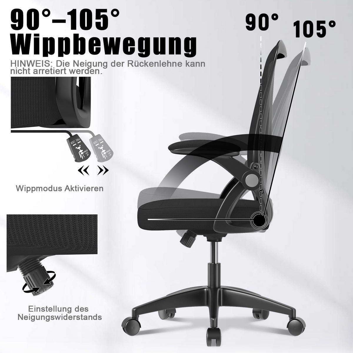 BÜRODREHSTUHL ergonomisch, mittelhohe Rückenlehne, klappbare Armlehnen – Schwarz - Schwarz, Metall (50/102/50cm) - Rattantree