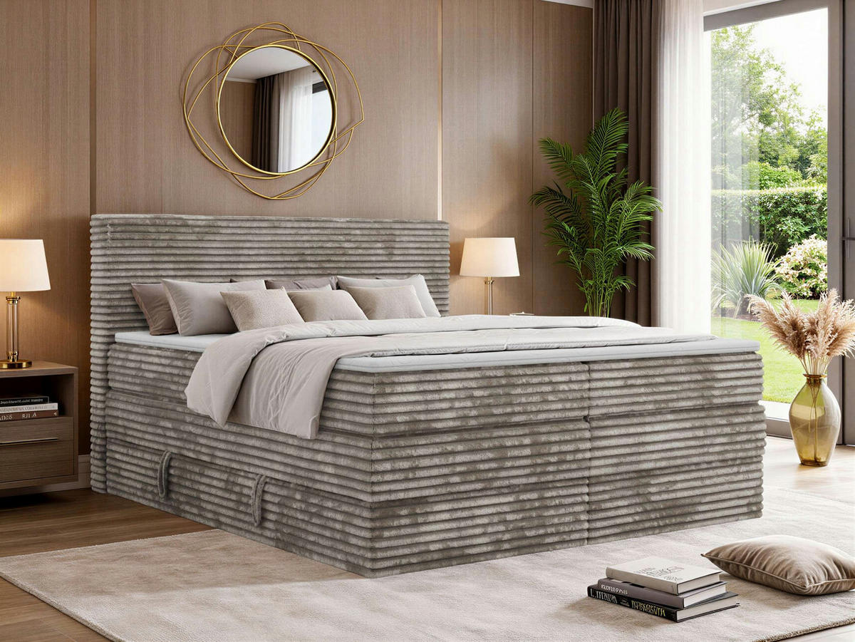 BOXSPRINGBETT TILION KING 160/200 - Hellbraun Cord - Topper Visco - H4 - Hellbraun/Schwarz, Kunststoff/Textil (160/200cm) - MKS