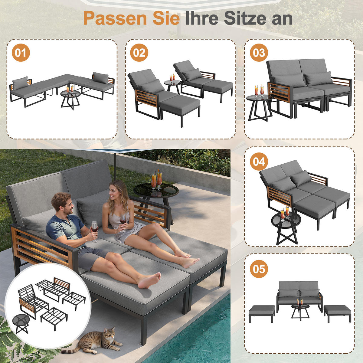 DOPPELLIEGE 2-4 Personen Mit Verstellbarer Rückenlehne Inkl. Kissen - Grau, Metall - FLIEKS