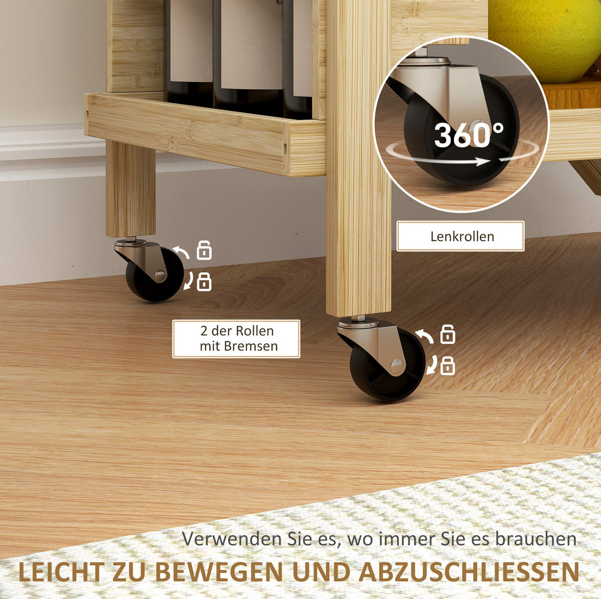 KÜCHENINSEL 66/40/70 cm klappbar mit Rollen, 2 Ablagen und Weinregal aus Bambus, Natur - Hellbraun, Naturmaterialien (66/70/40cm) - Redom