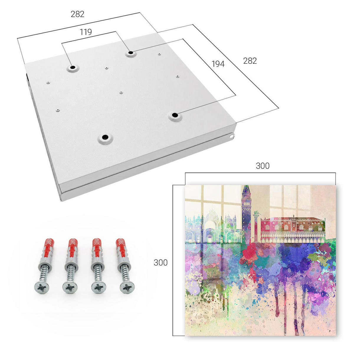 SCHLÜSSELBOX Weiß 30x30 cm – Türöffnung nach rechts - Urbane Aquarellmalerei - Lila, Metall (30/30/5cm) - TULUP
