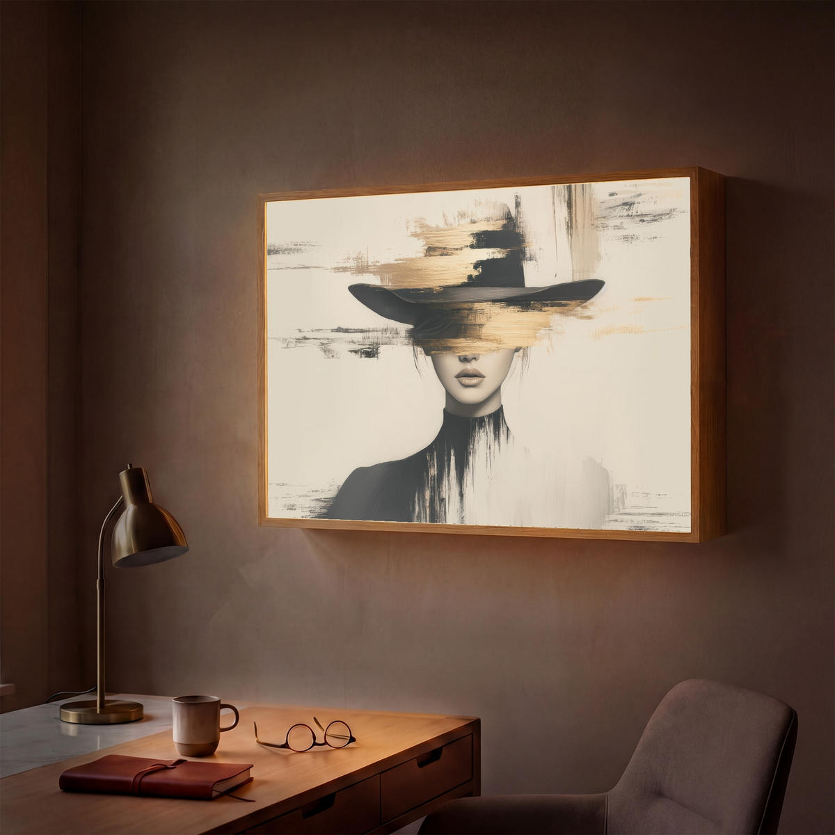 NÁSTĚNNÁ LAMPA S AKUMULÁTOREM Žena - klobouk - barva 100x70 cm - krémová, kompozitní dřevo (100/70/8cm) - OnlyWow