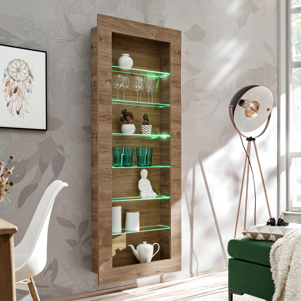WOHNWAND COMO, hängevitrine und hängeboard, sechs Glasböden, LED mehrfarbige Beleuchtung, Honigeiche/Trüffeleichefarben - Honigeiche/Trüffeleichefarben, Glas/Holzwerkstoff (211/178/23cm) - Komodee