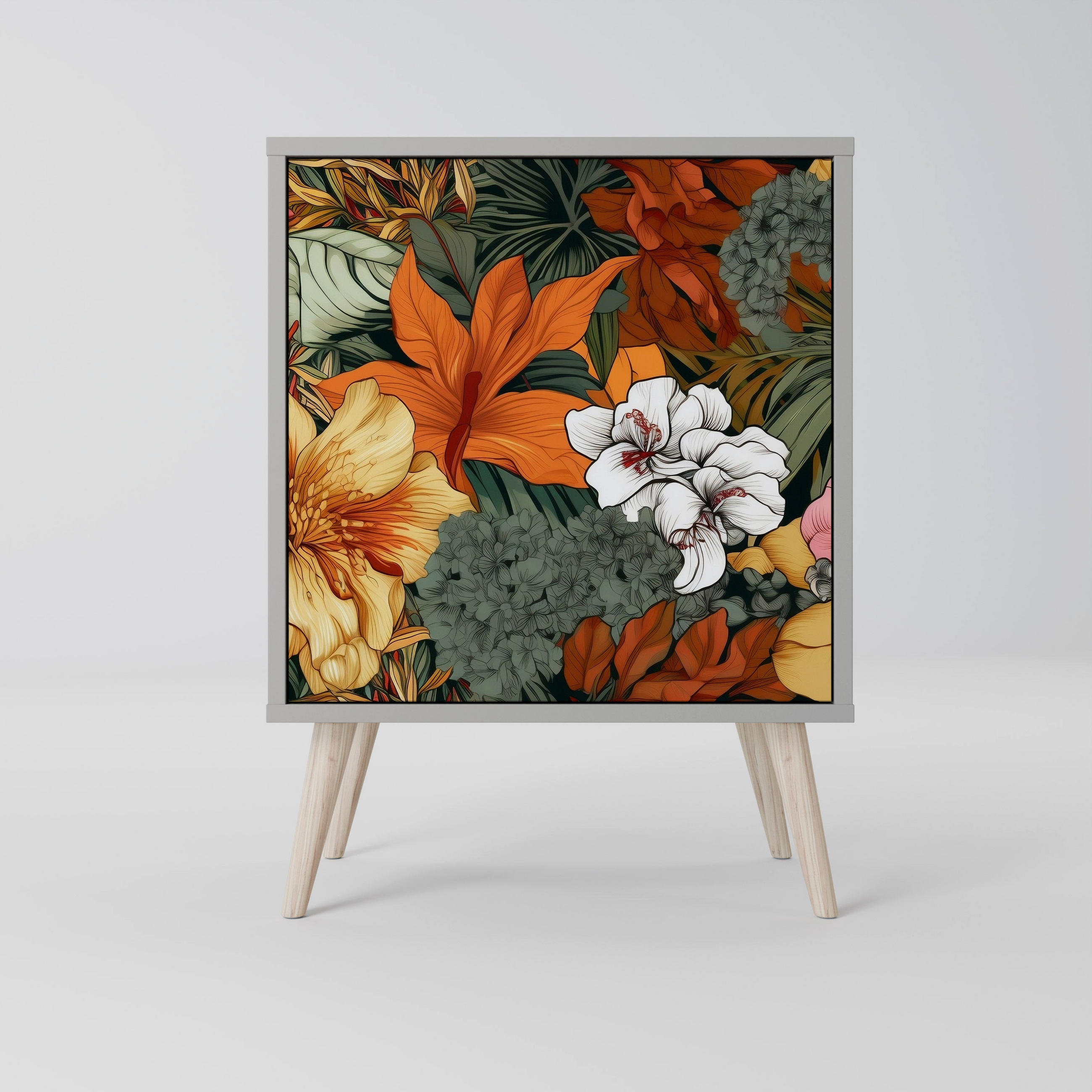 SIDEBOARD RADIANT FLORA, Grau, 57,5x42x77,5 cm, Schräge Buchenholzfüße - Buchefarben/Multicolor, Holzwerkstoff/Buchenholz (57.5/77.5/42cm) - SpaceRebels