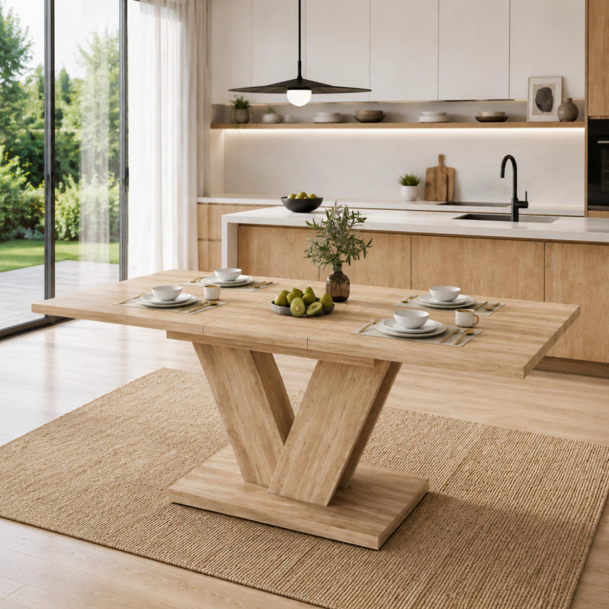 ESSTISCH Ausziehbar MDF V-Beine Stabil 140/180 cm 4–8 Personen moderne Konstruktion - Eichefarben, Holzwerkstoff/Metall (180/80/75.5cm) - EVRYAE