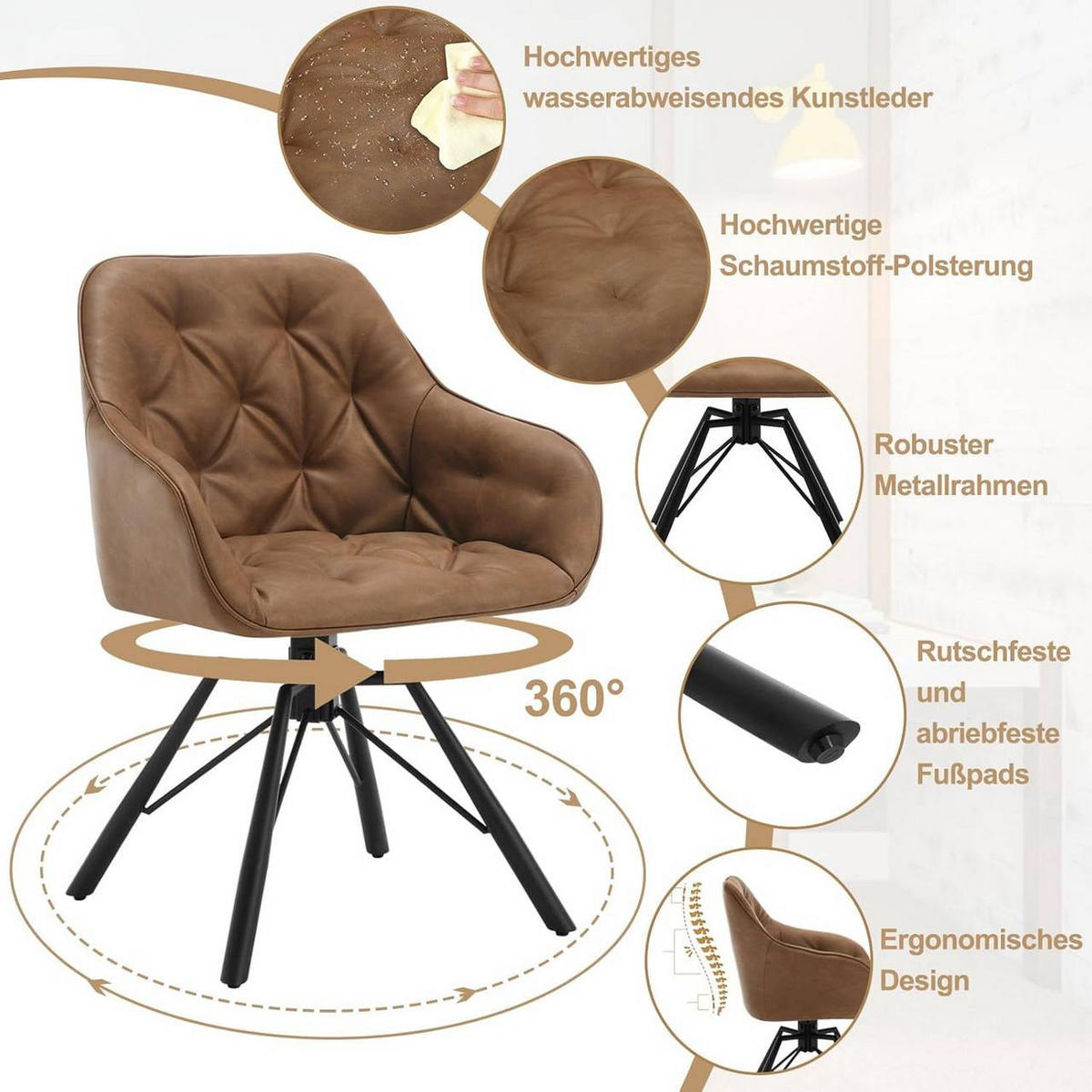 ARMLEHNSTUHL 6er Set, drehbar mit Kunstlederbezug, Hellbraun - Hellbraun/Schwarz, Leder/Kunststoff (57.5/82.5/53cm) - Woltu