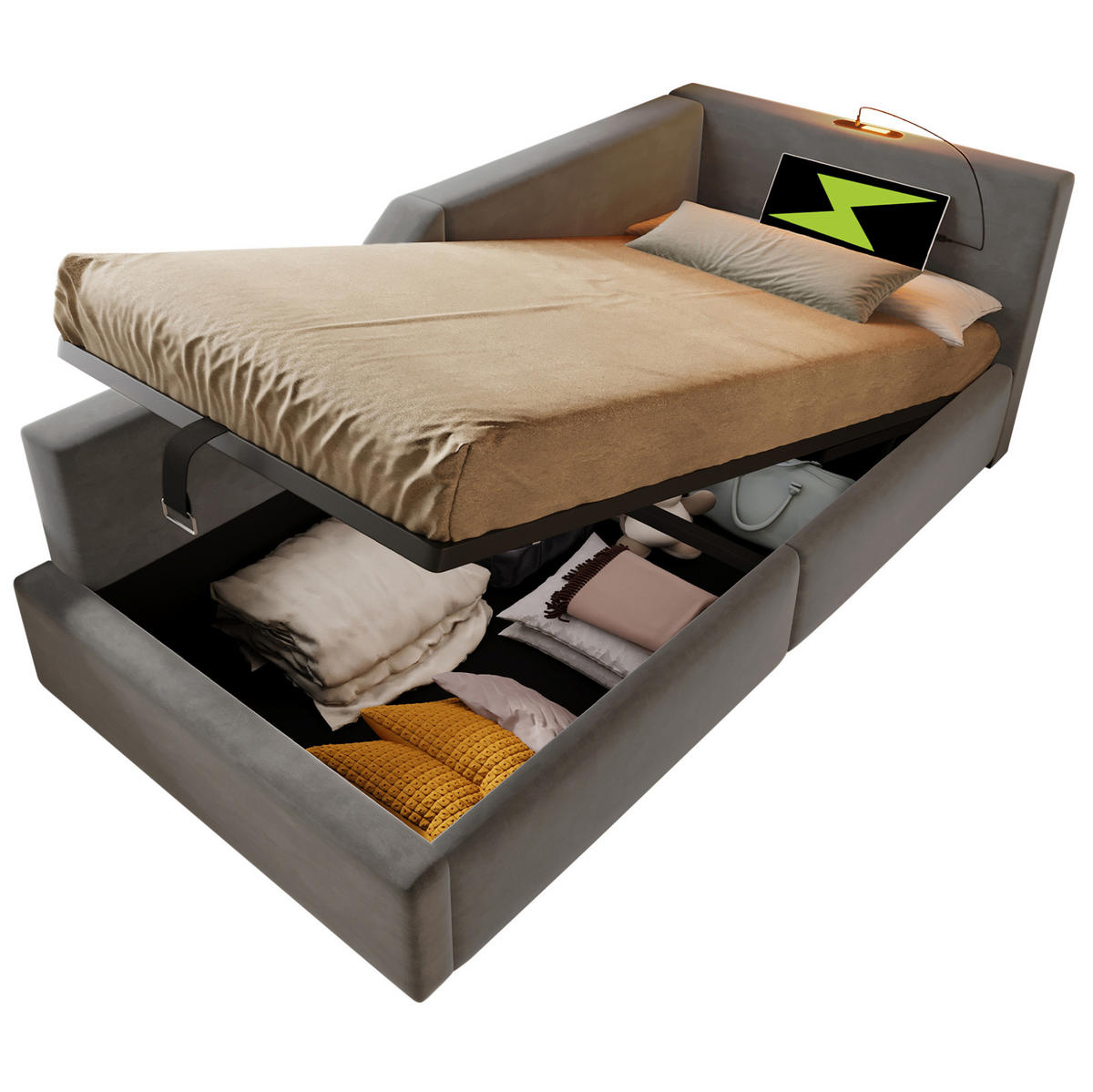 TAGESBETT 90/190 cm Grau mit hydraulischem Stauraum und USB-C-Ladefunktion - Grau, Textil (90/190cm) - OKWISH