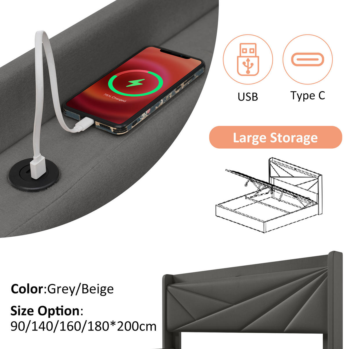 POLSTERBETT 180/200 cm Grau aus Baumwollleinen mit Bettkasten und USB Typ-C - Grau, Textil (180/200cm) - OKMYHOME