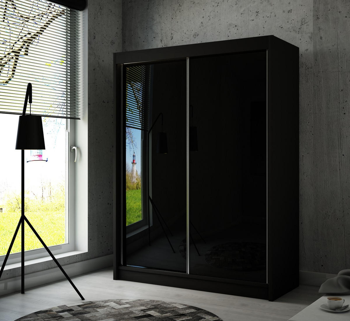 SCHRANK Schwarz PEAK Schiebetür 150 cm 150x61x215 cm - Weiß Hochglanz/Schwarz, Holzwerkstoff (150/215/61cm) - Sepro Meble