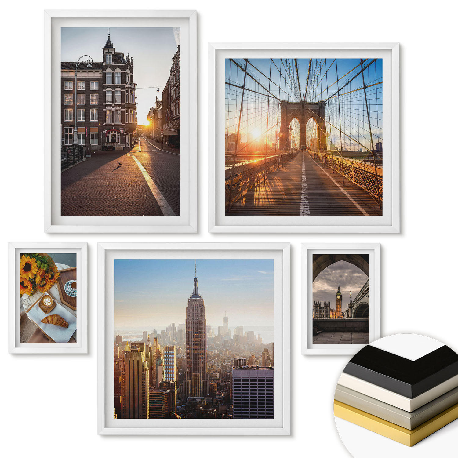 WANDBILDER 5er-Set - 50x50 cm & 20x30 cm & 40x60 cm Weißer Rahmen - Venezianische Straßen Wasserarchitektur - Weiß, Kunststoff (40/60cm) - ArtPrintCave