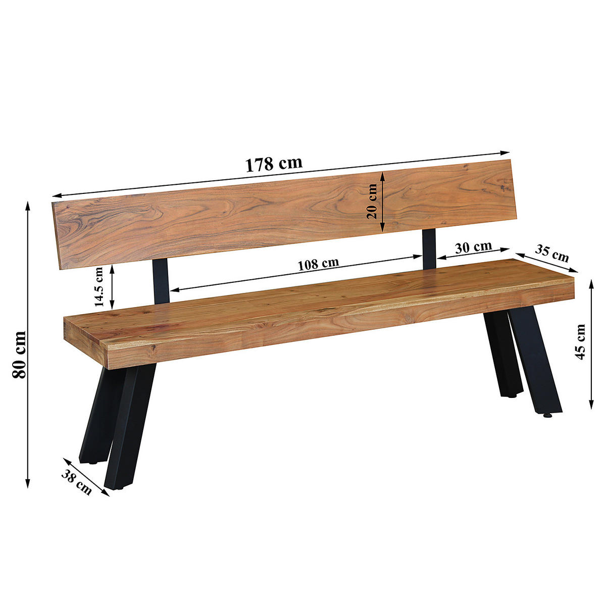SITZBANK - Akazie massiv / Eisen - Akaziefarben, Holz (178/80/38cm) - home24