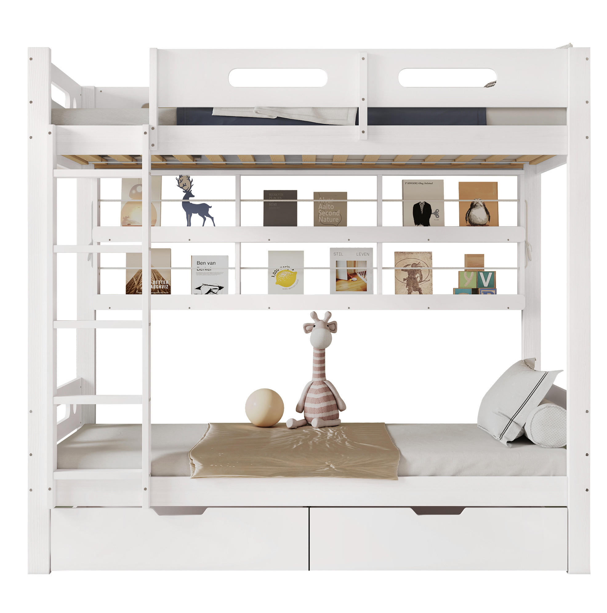 ETAGENBETT 90/200 cm mit 5-stufiger Leiter, Regalfach und 2 Schubladen, Kiefer/MDF, Weiß/Natur - Weiß, Holz (90/200cm) - Redom