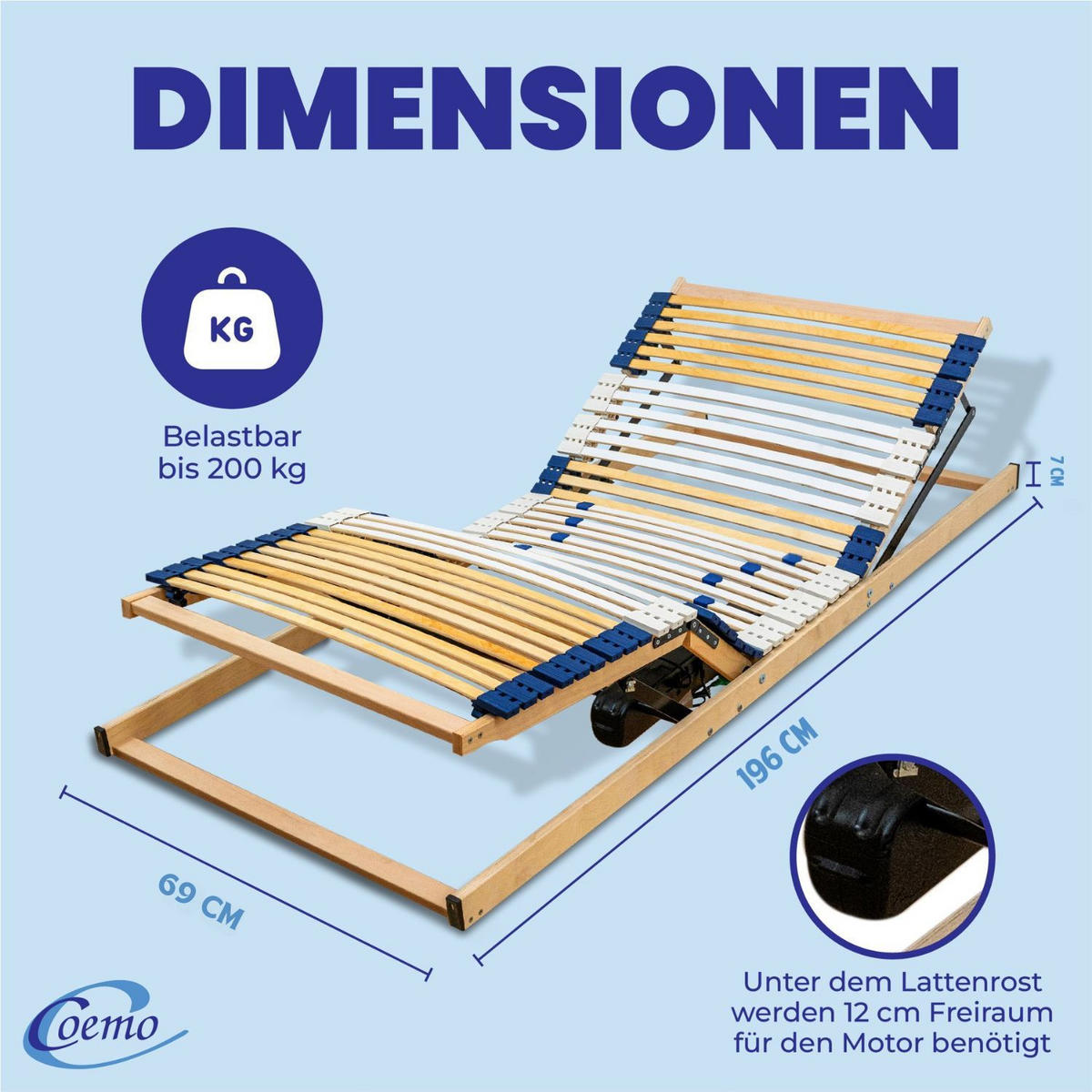 ELEKTRISCHER LATTENROST eRost mit Motor, fertig montiert 70x200 cm - Naturfarben, Holz (70/200cm) - Coemo