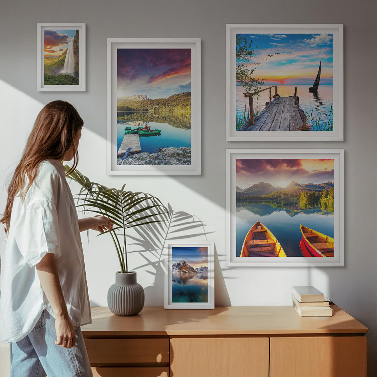 BILDER SET 5er Set - 50x50 cm & 20x30 cm & 40x60 cm Weißer Rahmen - Seen- und Berglandschaft Łódź - Weiß, Kunststoff (40/60cm) - TULUP