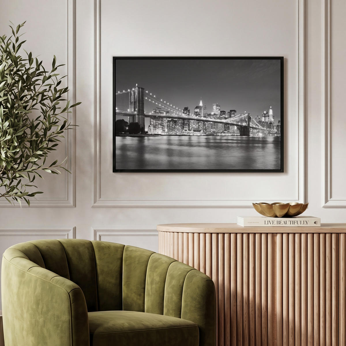 LEINWAND Bilder mit Rahmen - New York - Brücke - Brooklyn - Schwarz und weiß - Architektur - 60x40 - Schwarz, Textil (60/40cm) - MuchoWow