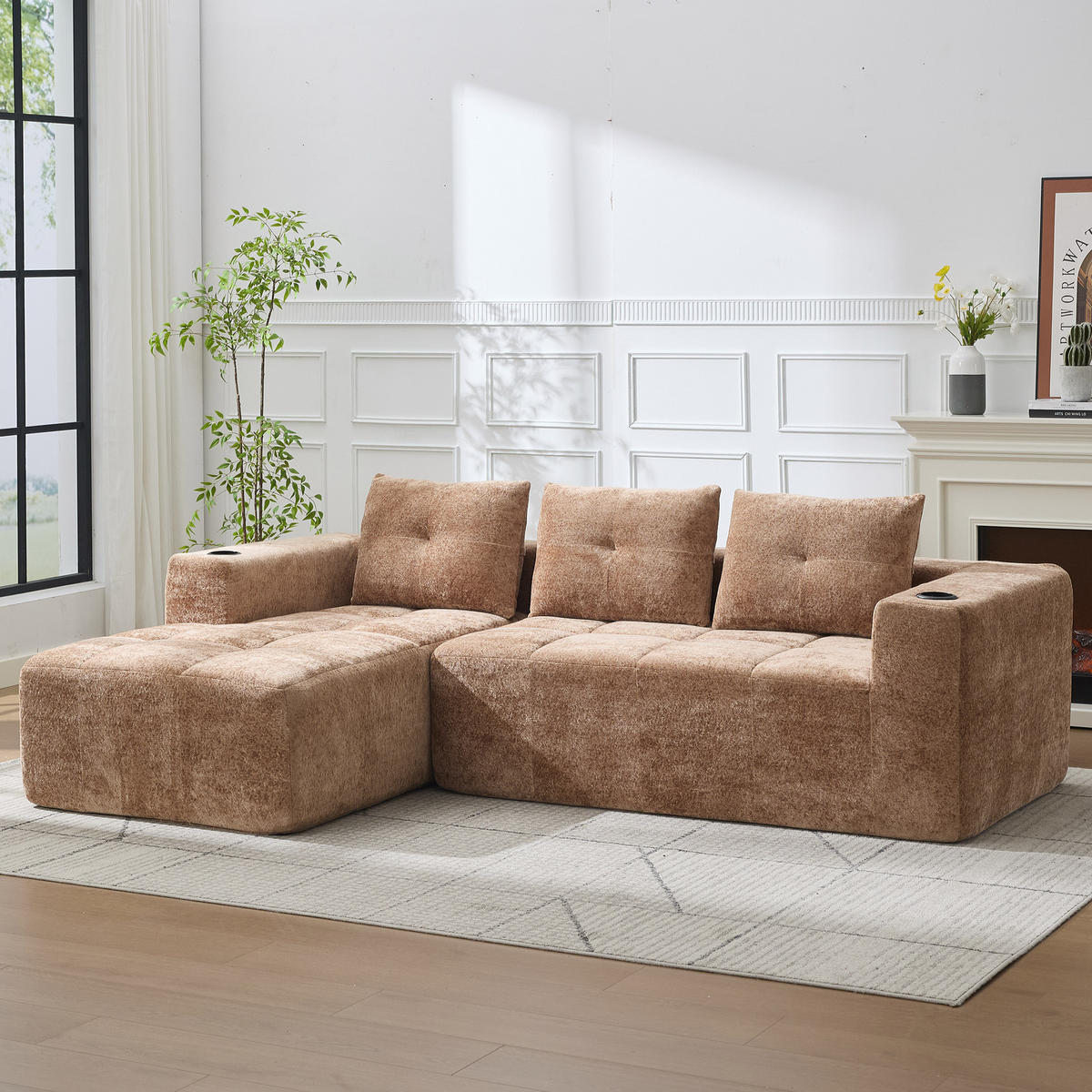 ECKSOFA 5-Sitzer Polyester Hellbraun mit Becherhaltern - Hellbraun, Textil (258/163cm) - WISHDOR