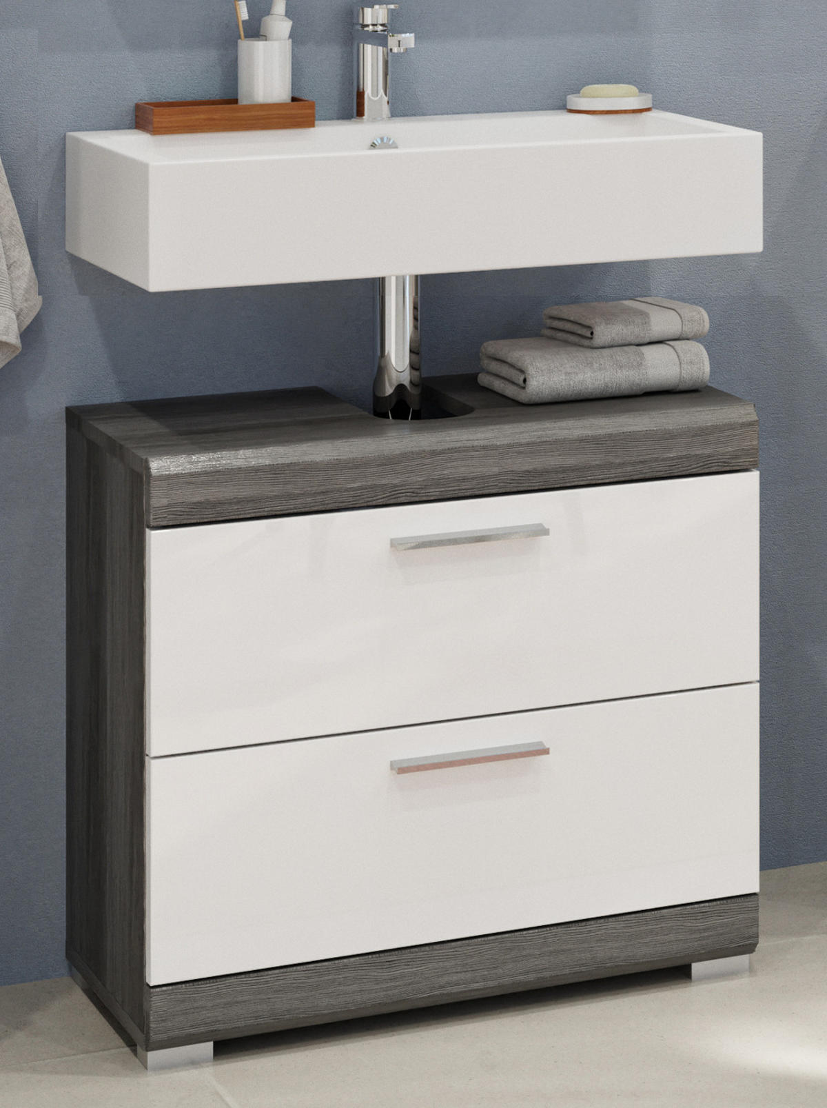 WASCHBECKENUNTERSCHRANK weiß Hochglanz, grau mit Schubladen 60 cm - Weiß Hochglanz/Silberfarben, Holzwerkstoff/Kunststoff (60/56/34cm) - Inn.Furn