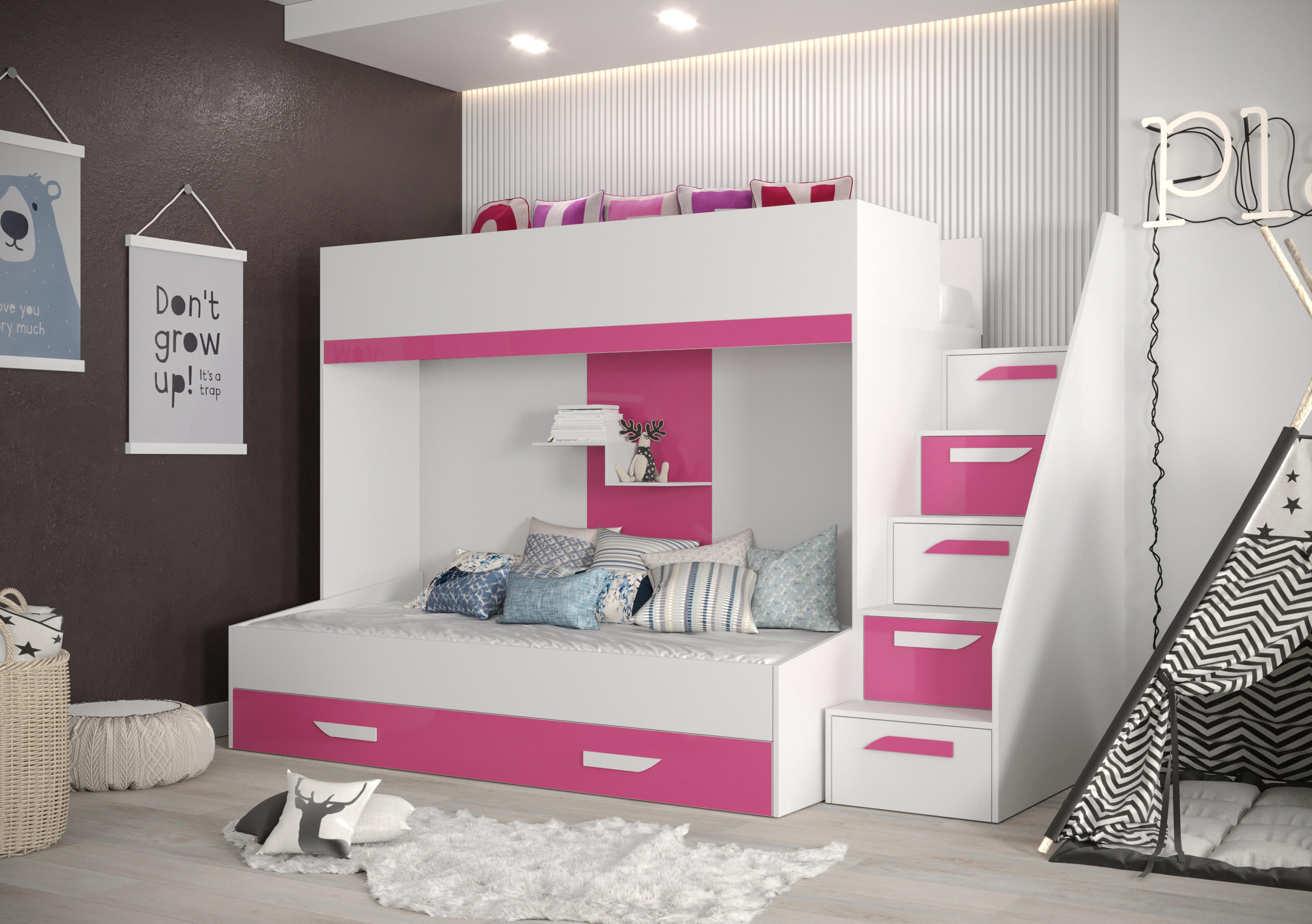 ETAGENBETT 90/200 cm - Pink/Weiß, Holz (90/200cm) - Abiks Möbel