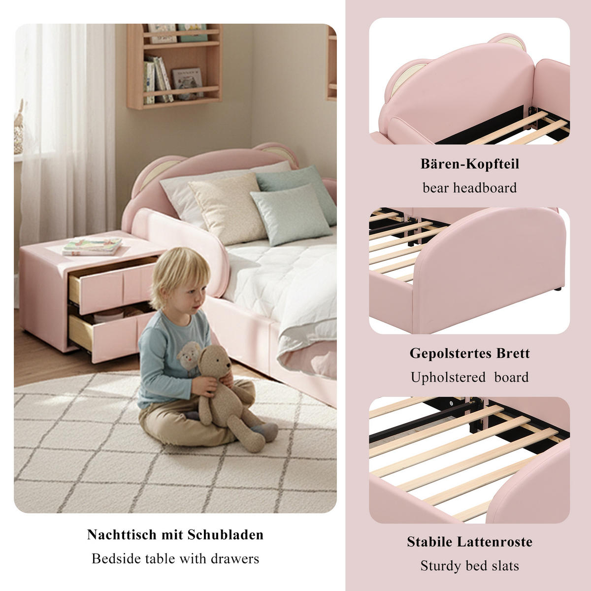 KINDERBETT 90/200 cm in Rosa mit Bären-Kopfteil und Nachttisch - Rosa, Textil (90/200cm) - BEAOK
