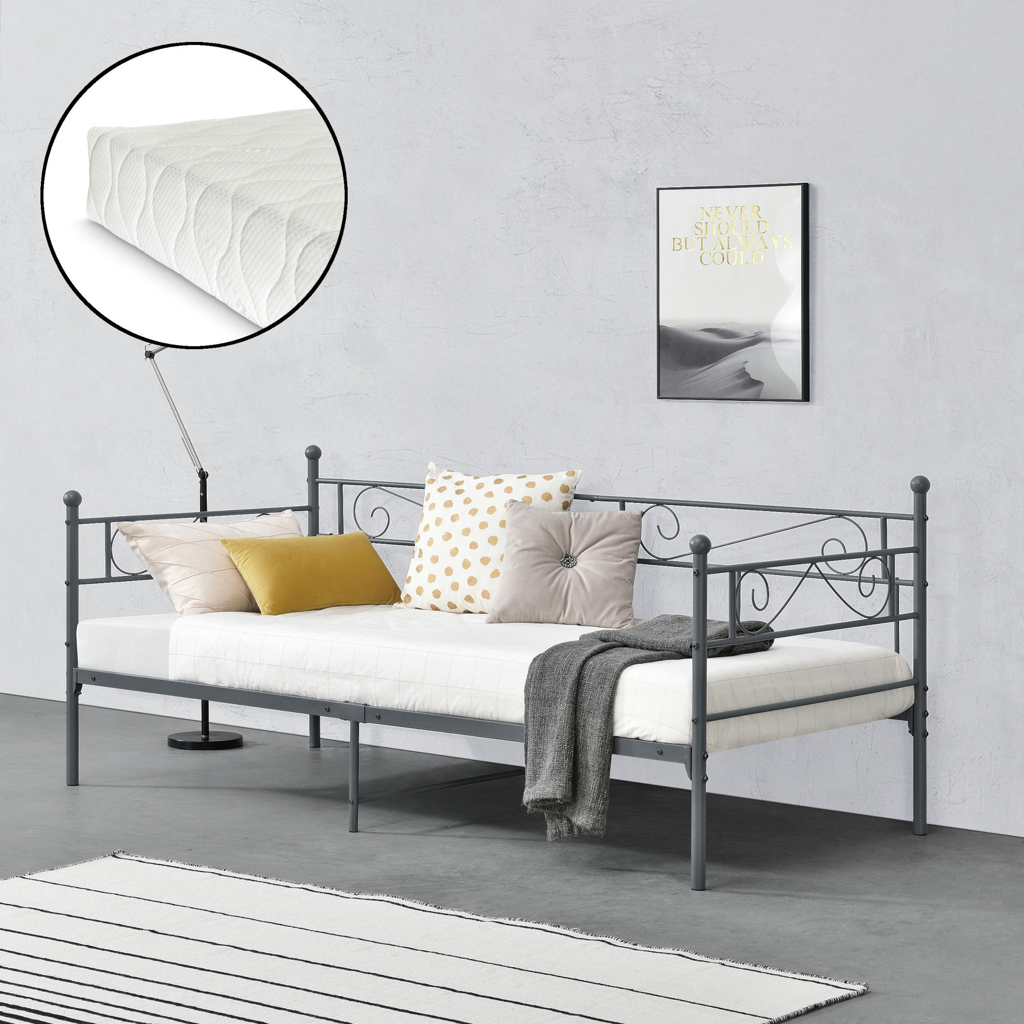 TAGESBETT Kerava mit Matratze - Dunkelgrau, Textil/Metall (90/200cm) - [en.casa]