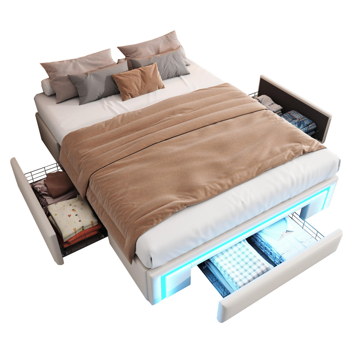 BETTGESTELL 140/200 cm beige mit Schubladen und LED-Beleuchtung - Beige, Kunststoff (140/200cm) - OKWISH