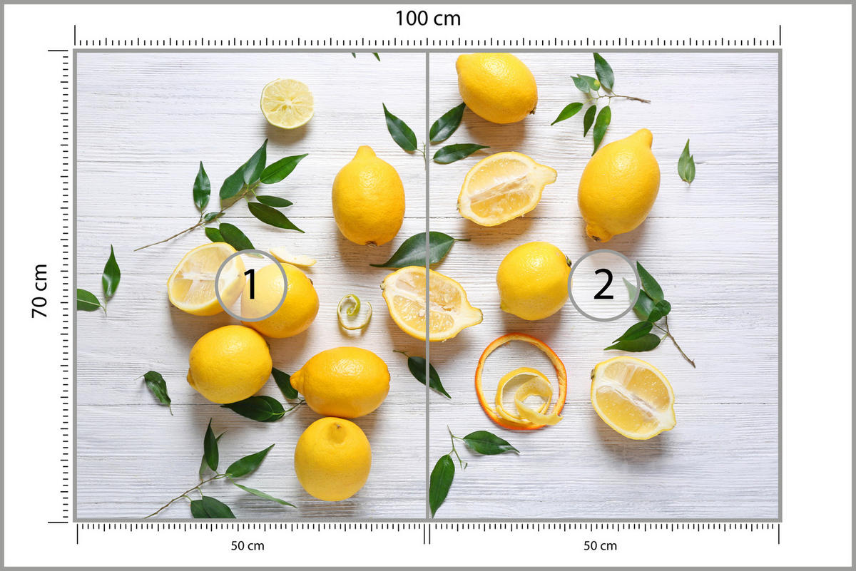 FOTOTAPETE für Küche Zitronen Holztisch Blätter Frisch Rustikal 100x70 - Gelb/Weiß, Papier (100/70cm) - Muralo