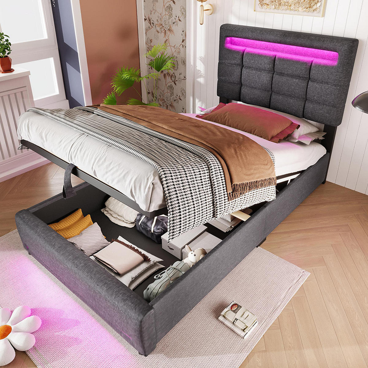 POLSTERBETT 90x200cm Mit USB-Buchse, Leinen, Grau - Grau, Holz/Textil (90/200cm) - KOMHTOM