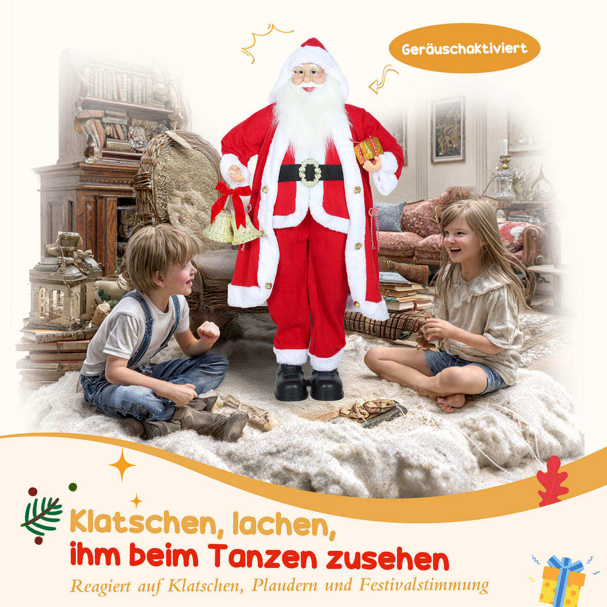 WEIHNACHTSMANN 1,15 m stehende Weihnachtsmann mit Geschenk- und Weihnachtsglock - Rot, Textil (30/115/45cm) - HOMCOM
