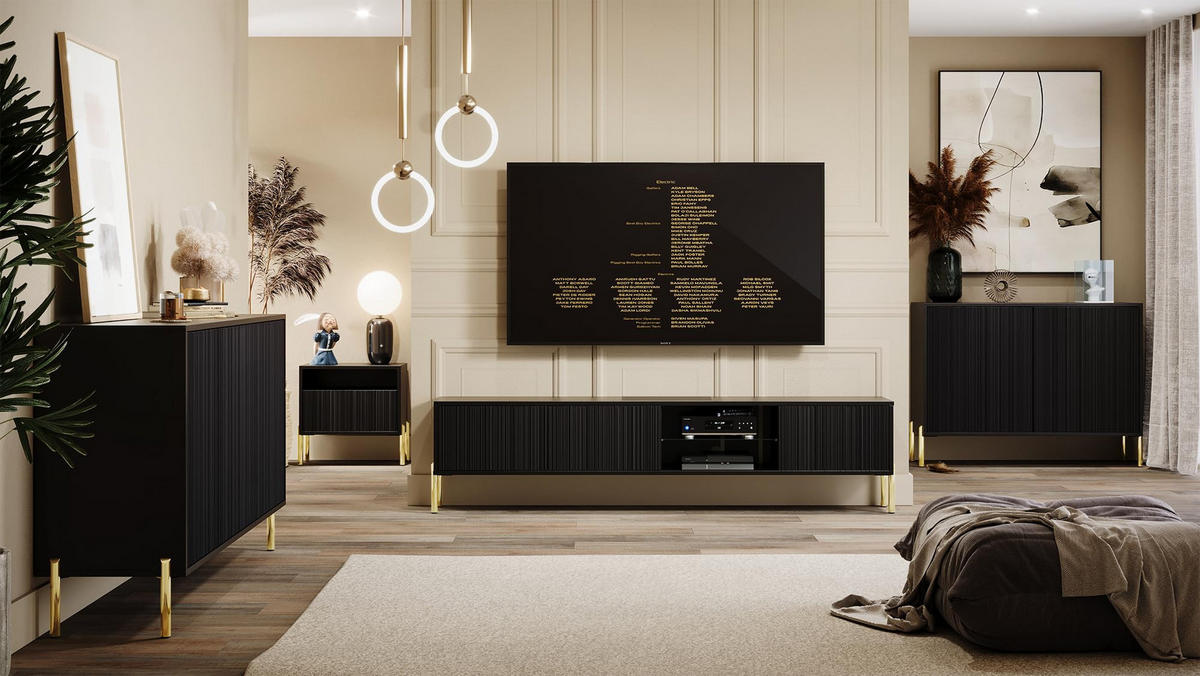 TV-SCHRANK Noxy 175x47x31,6 cm - Lowboard mit Stauraum - Tv Ständer aus Laminierter Spanplatte - Schwarz - Schwarz, Holzwerkstoff (180/55/40cm) - Chilly
