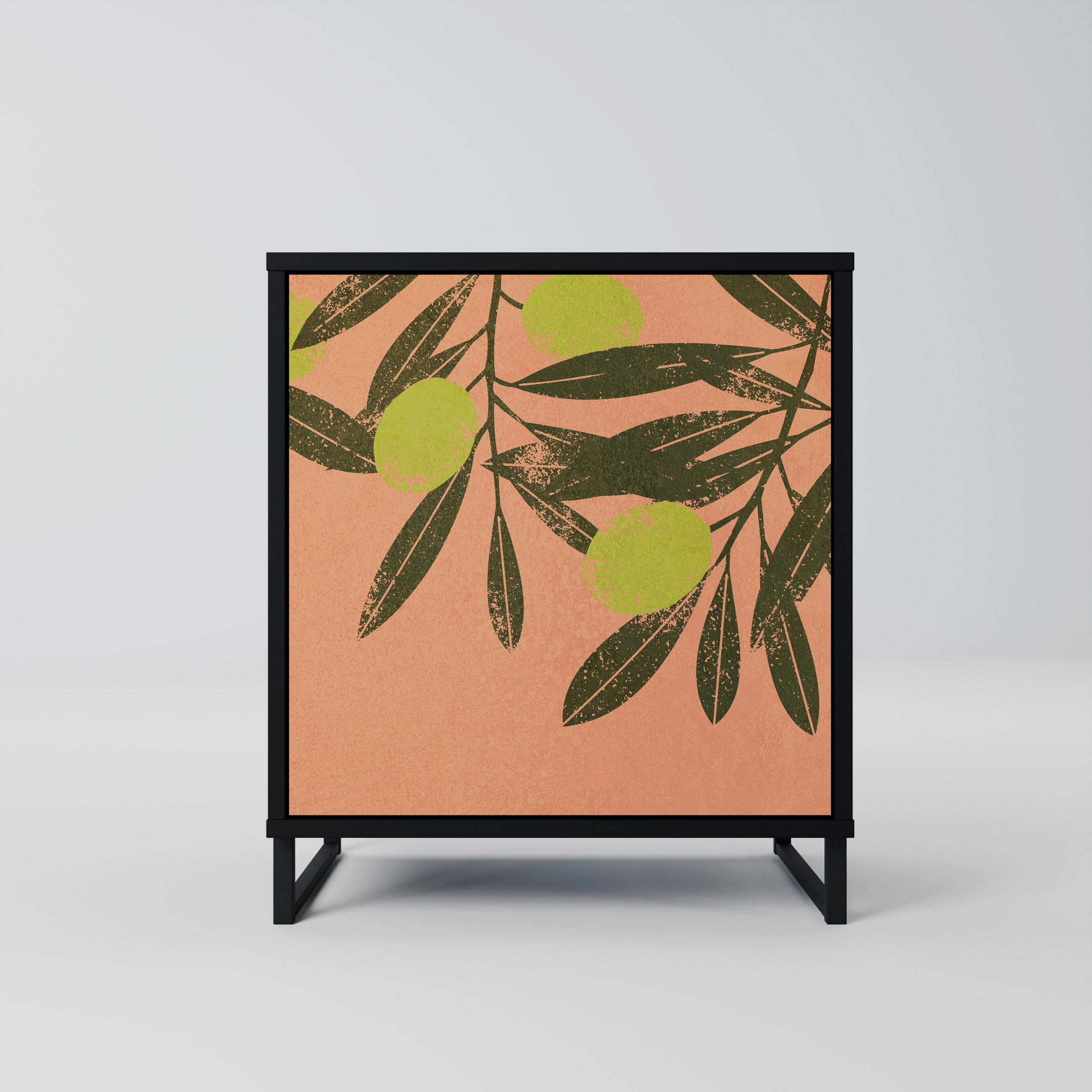 SIDEBOARD JUICY OLIVES, Schwarz, 57,5x42x67,5 cm, Schwarze Metall-Rahmenfüße - Multicolor/Schwarz, Holzwerkstoff/Metall (57.5/67.5/42cm) - SpaceRebels