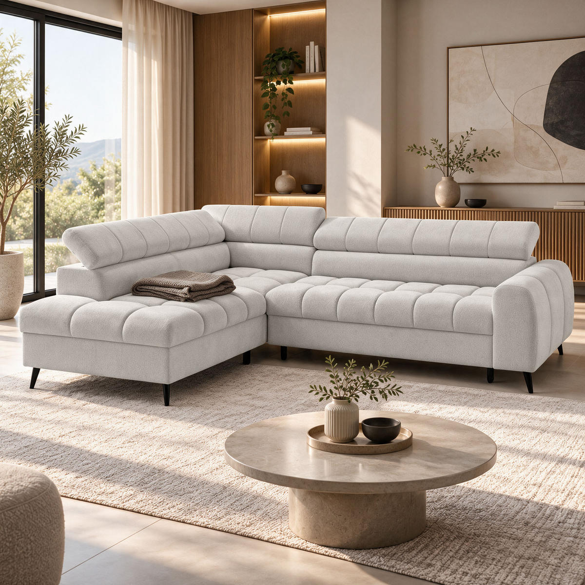 ECKSCHLAFSOFA Vinni Beige, Chenille-Stoff, links - Beige, Textil (265/205cm) - Beautysofa