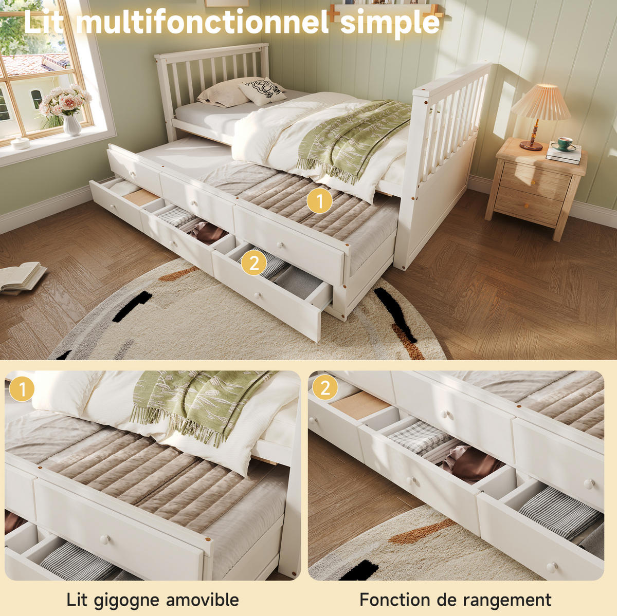 TAGESBETT 90/200 cm mit Ausziehbett, 3 Schubladen und rahmen, Weiß - Weiß, Holzwerkstoff (90/200cm) - Redom
