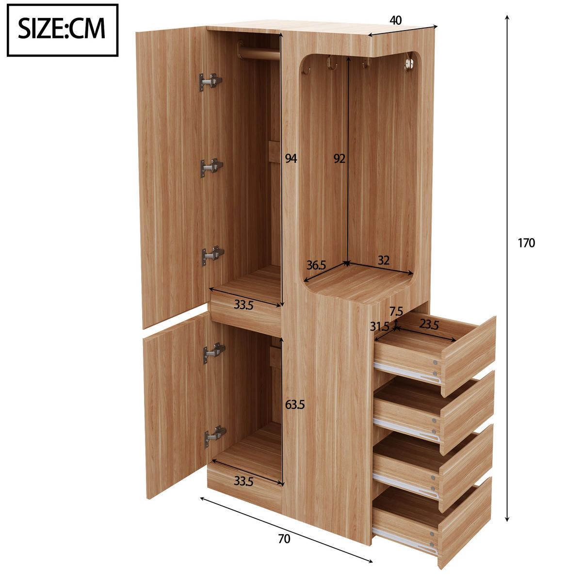 KLEIDERSCHRANK 70/170/40 cm Weiß/Holz aus Kiefer, Sperrholz und MDF mit Schubladen - Nussbaumfarben, Holzwerkstoff (40/170/70cm) - OKMYHOME
