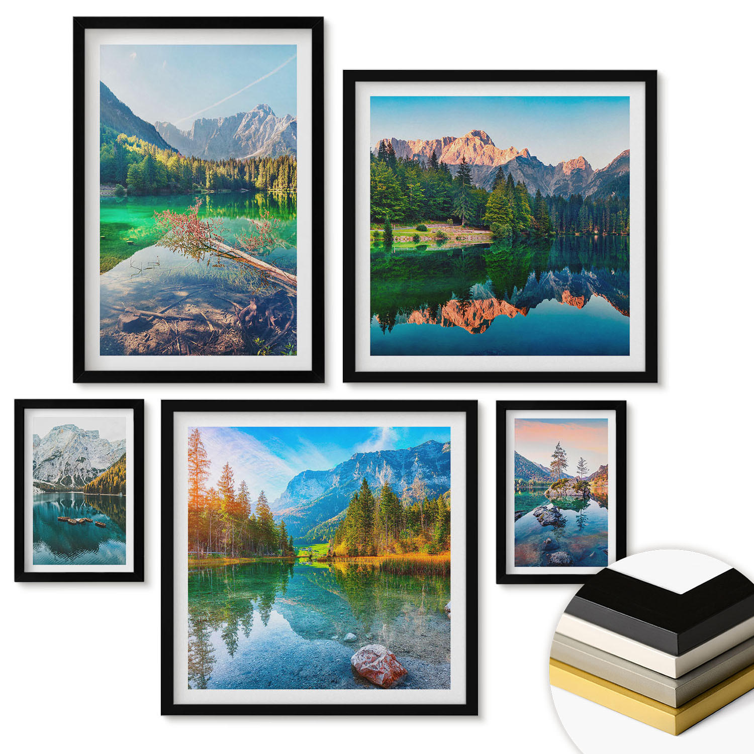 WANDBILDER 5er-Set - 50x50 cm & 20x30 cm & 40x60 cm Schwarzer Rahmen - Spiegelung des Waldes in Bergseen - Schwarz, Kunststoff (40/60cm) - ArtPrintCave