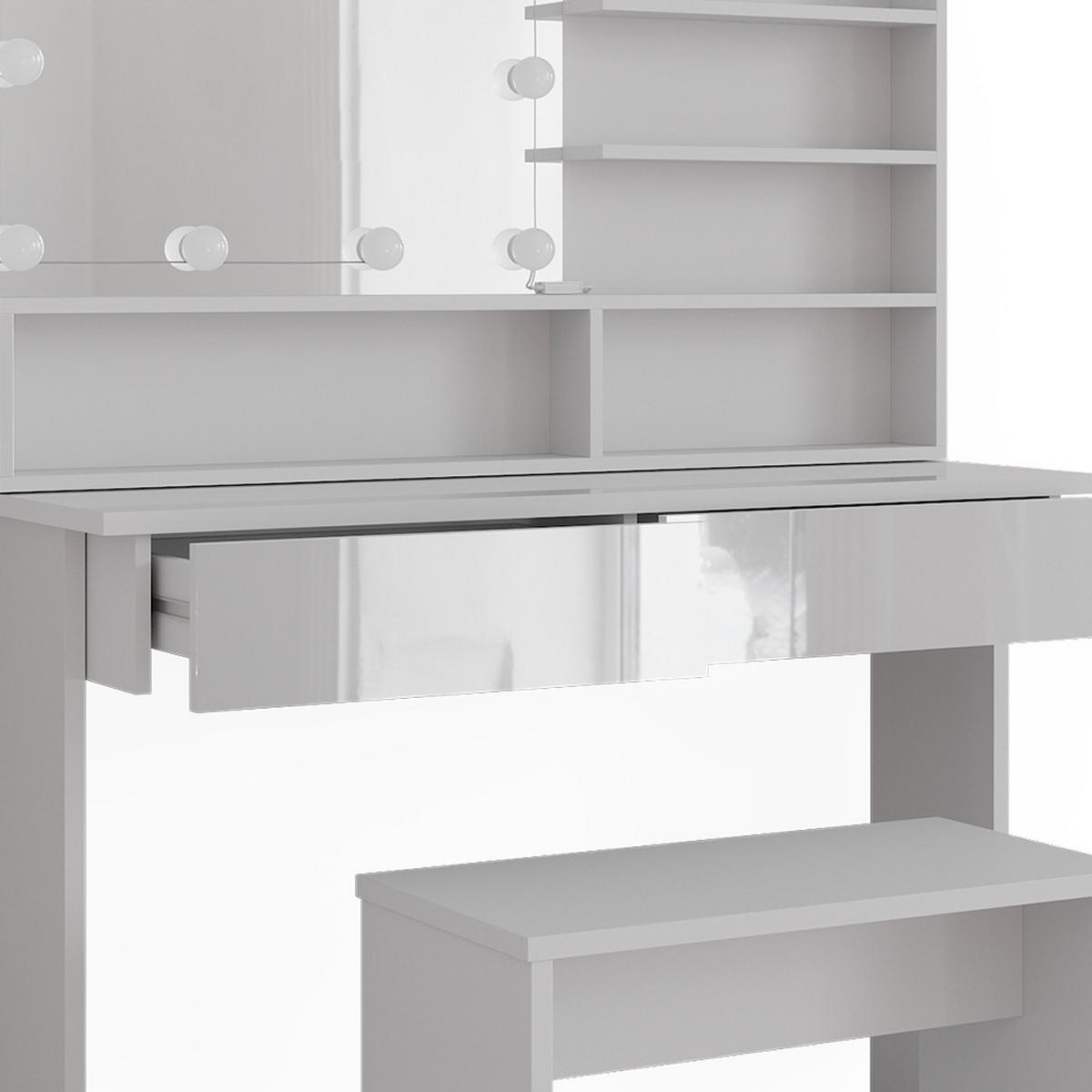 SCHMINKTISCH Azur Weiß 120 cm mit Spiegelregal, Bank & LED-Beleuchtung - Weiß Hochglanz/Weiß, Holzwerkstoff (120/83.5/40cm) - Vicco