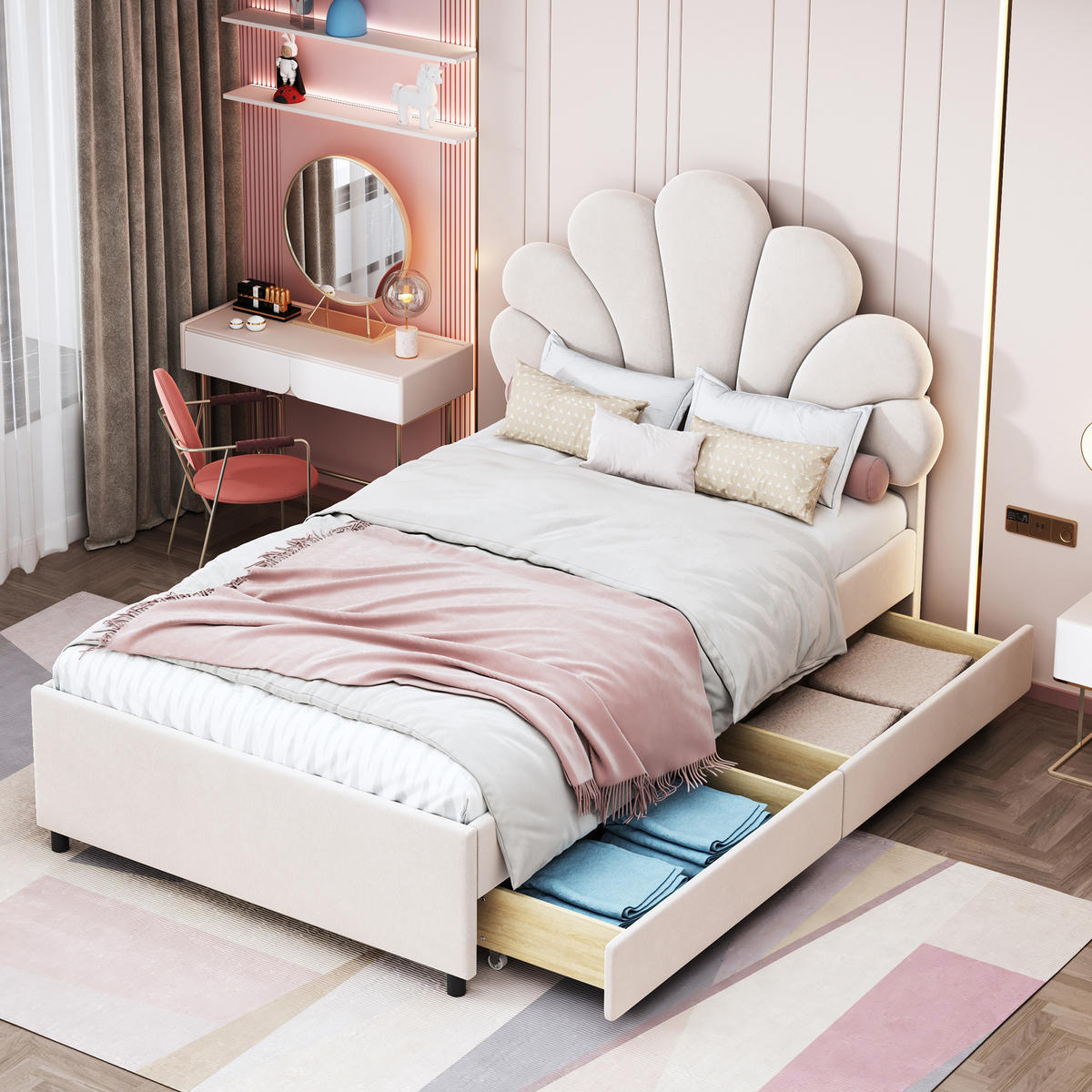 POLSTER-KINDERBETT aus Samt 90x200 cm Beige mit 2 Schubladen und Lattenrost - Beige, Textil (90/200cm) - IVMEU